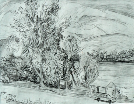 Scene By The River 18 x 24 Graphite