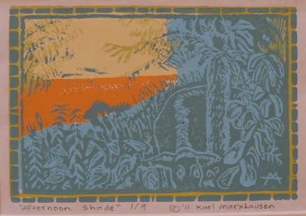 Afternoon Shade by Karl Marxhausen, five block color linocut, 2012