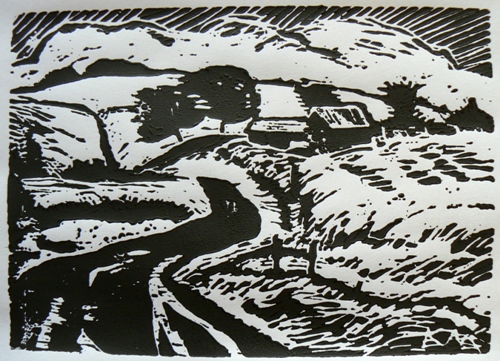 Glidden Road, Waverly by Karl Marxhausen, 5 by 7 inch one color woodcut