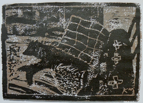 Quarters 1 (brown) by Karl Marxhausen, 5 by 7 inch woodcut