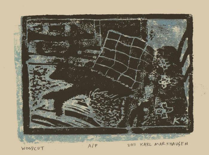 Quarters I by Karl Marxhausen, in hommage to Claire Leighton and Hellen West Heller, 4 by 6 inches, beveled plywood, two-color block print